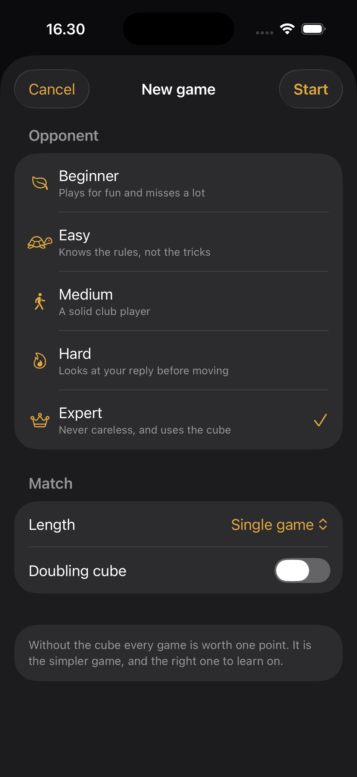 New game sheet: five opponents from Beginner to Expert, match length, and a switch for the doubling cube