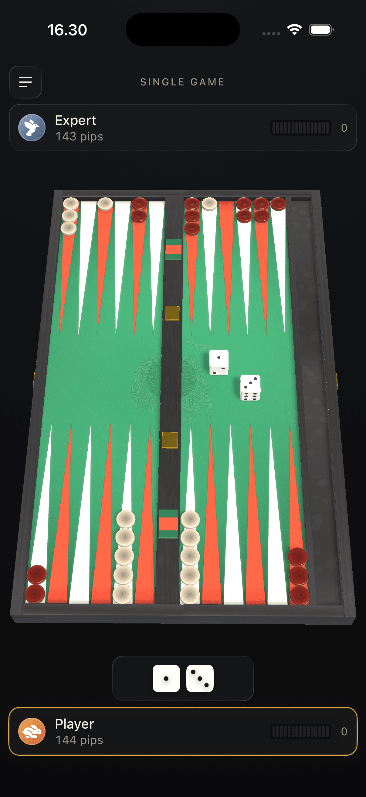 A single game against the Expert opponent, the board in 3D with the dice rolled and the pip count for both sides