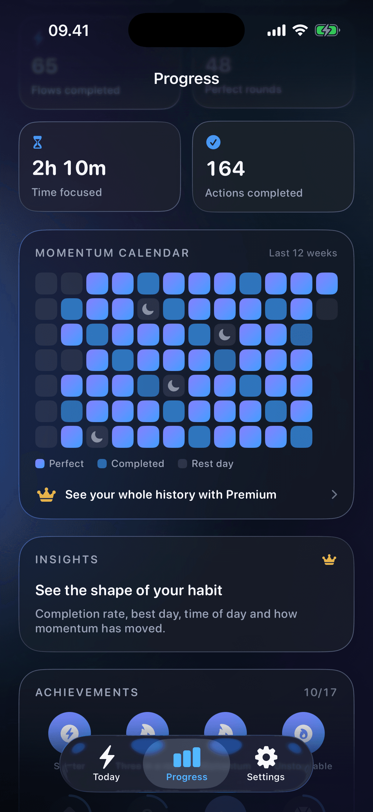The momentum calendar over twelve weeks, with perfect days, completed days and rest days, above the totals and the achievement shelf