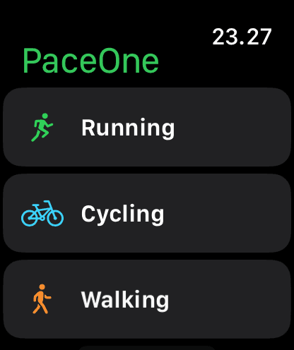 The PaceOne app on an Apple Watch, listing the workouts it can record — running, cycling and walking are the first three of seven