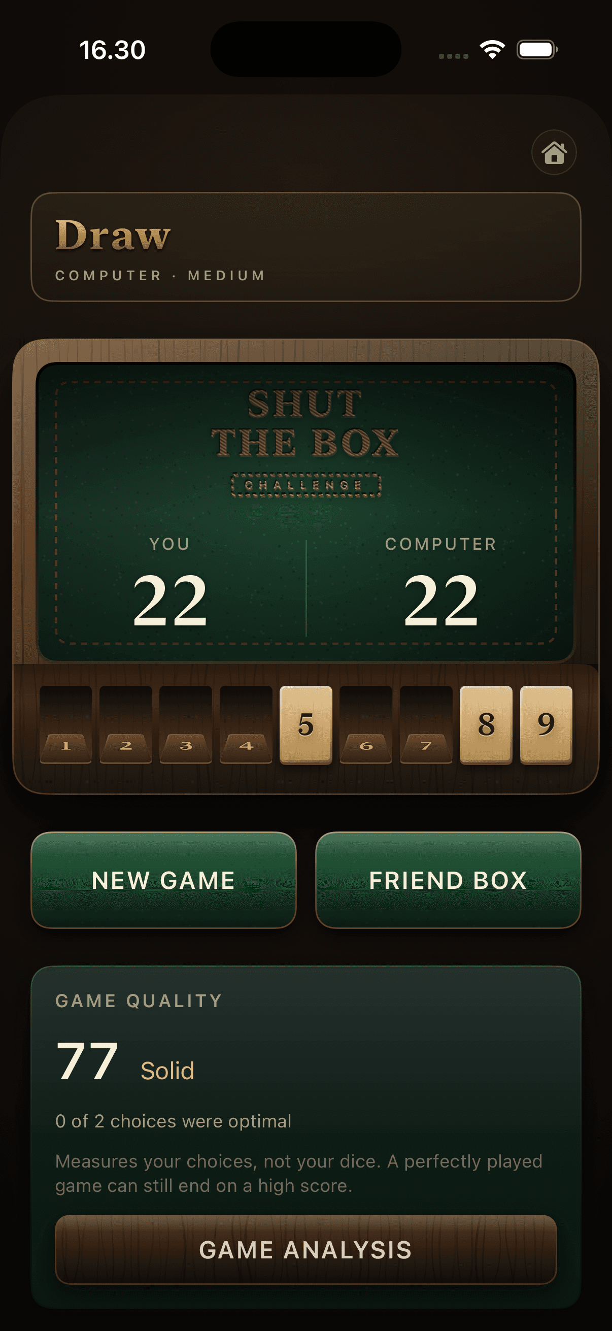 A finished game ending in a draw at 22 apiece, with a game-quality score of 77 and a note that it measures your choices, not your dice