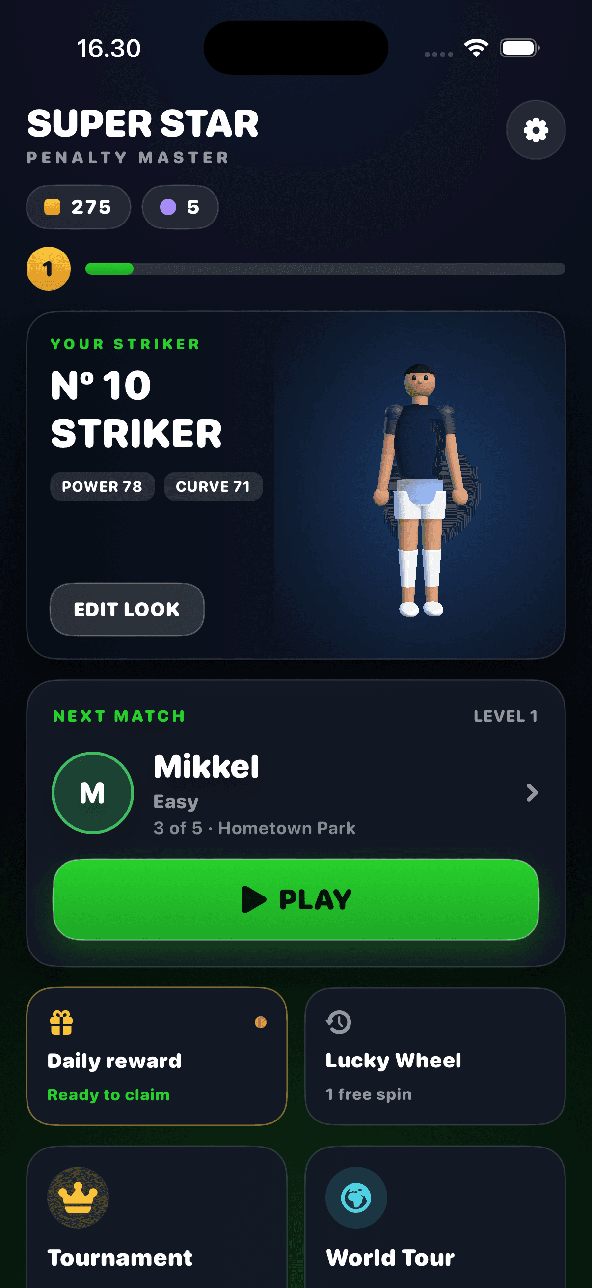 Home screen with the 3D striker and their power and curve ratings, the next career match, the daily reward, the lucky wheel, tournaments and the world tour