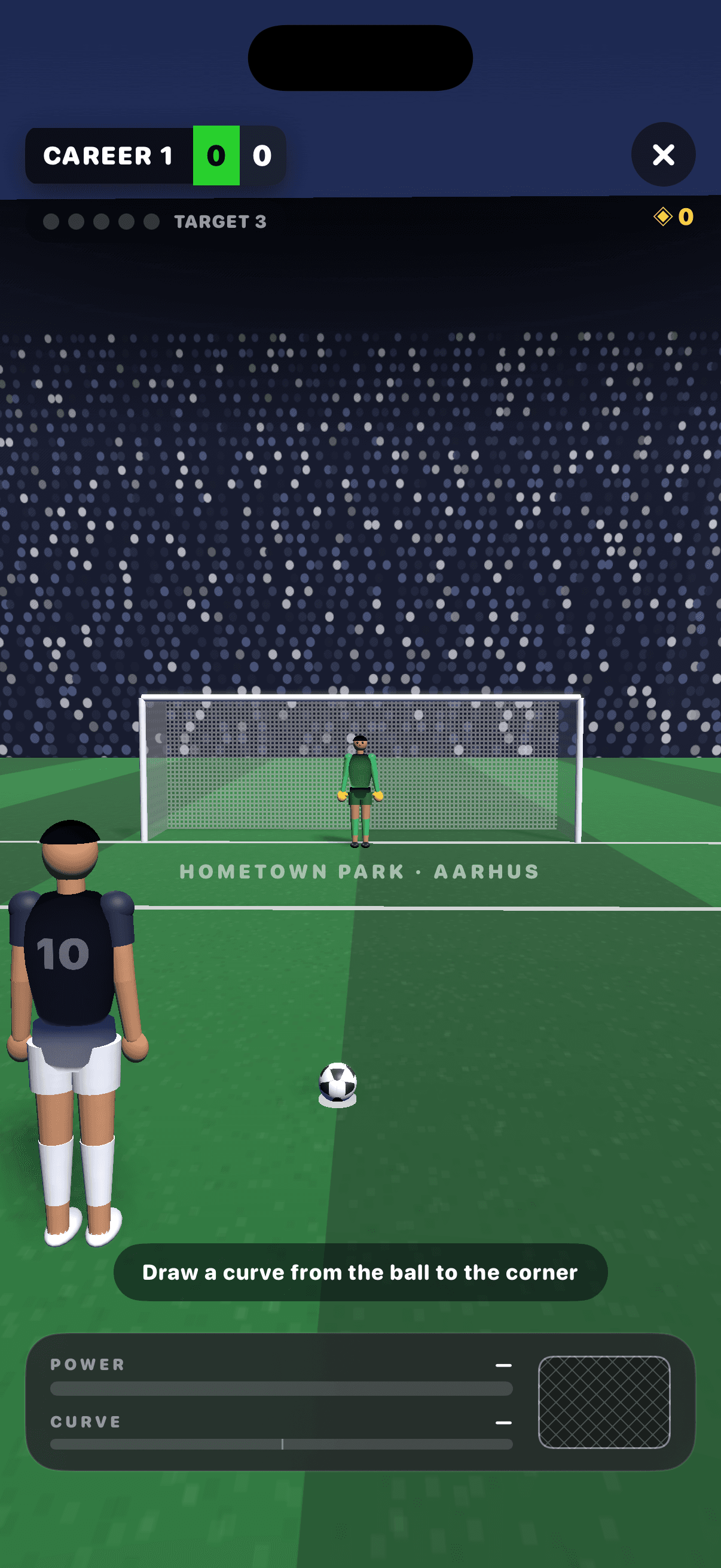 Taking a penalty in 3D at a floodlit stadium, with the power and curve meters and the prompt to draw a curve from the ball to the corner