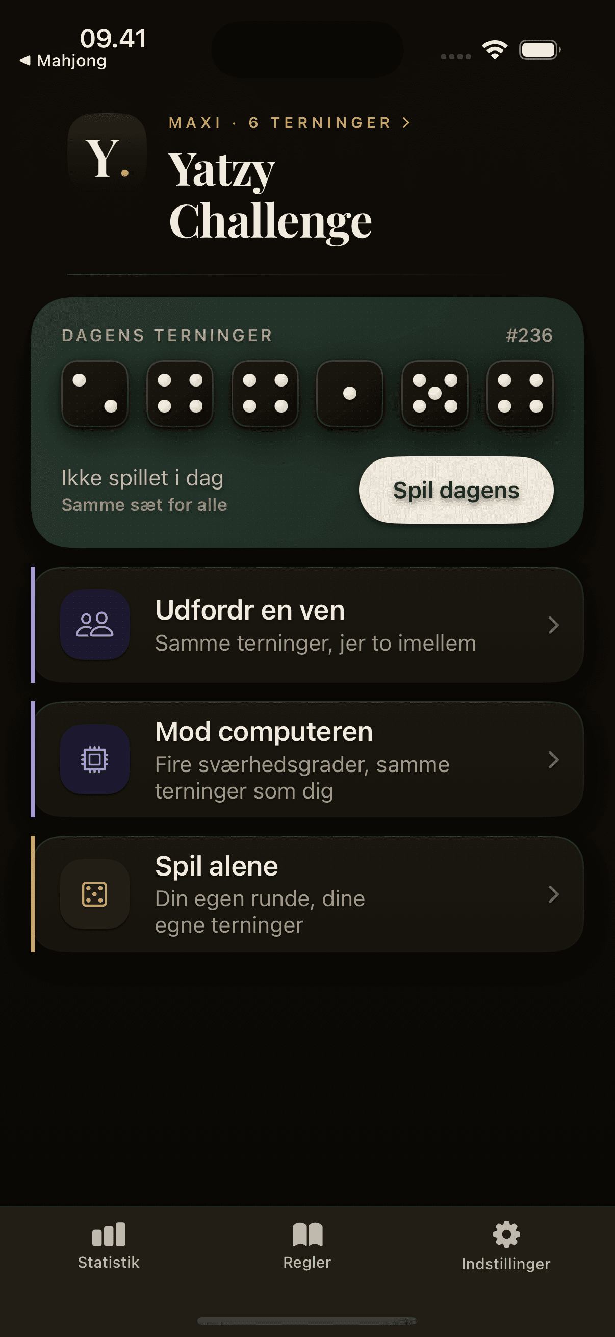 Home screen showing today's six dice, shared by every player, and the three ways to play: challenge a friend, play the computer, or play alone