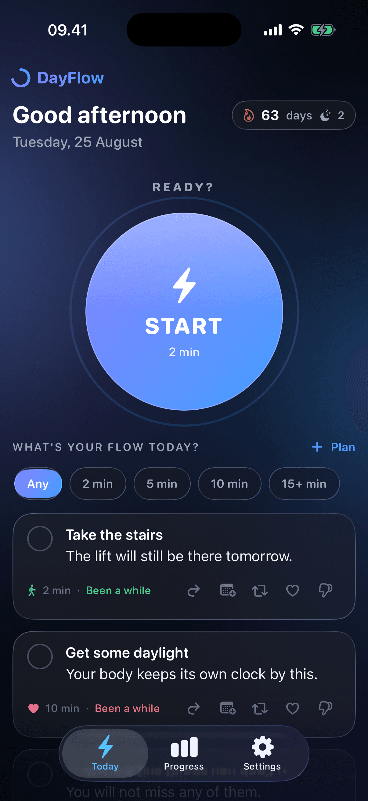 Today: a 63-day streak with two rest days banked, the start button, a row of time filters from two minutes to fifteen, and two suggested activities with their reasons and controls