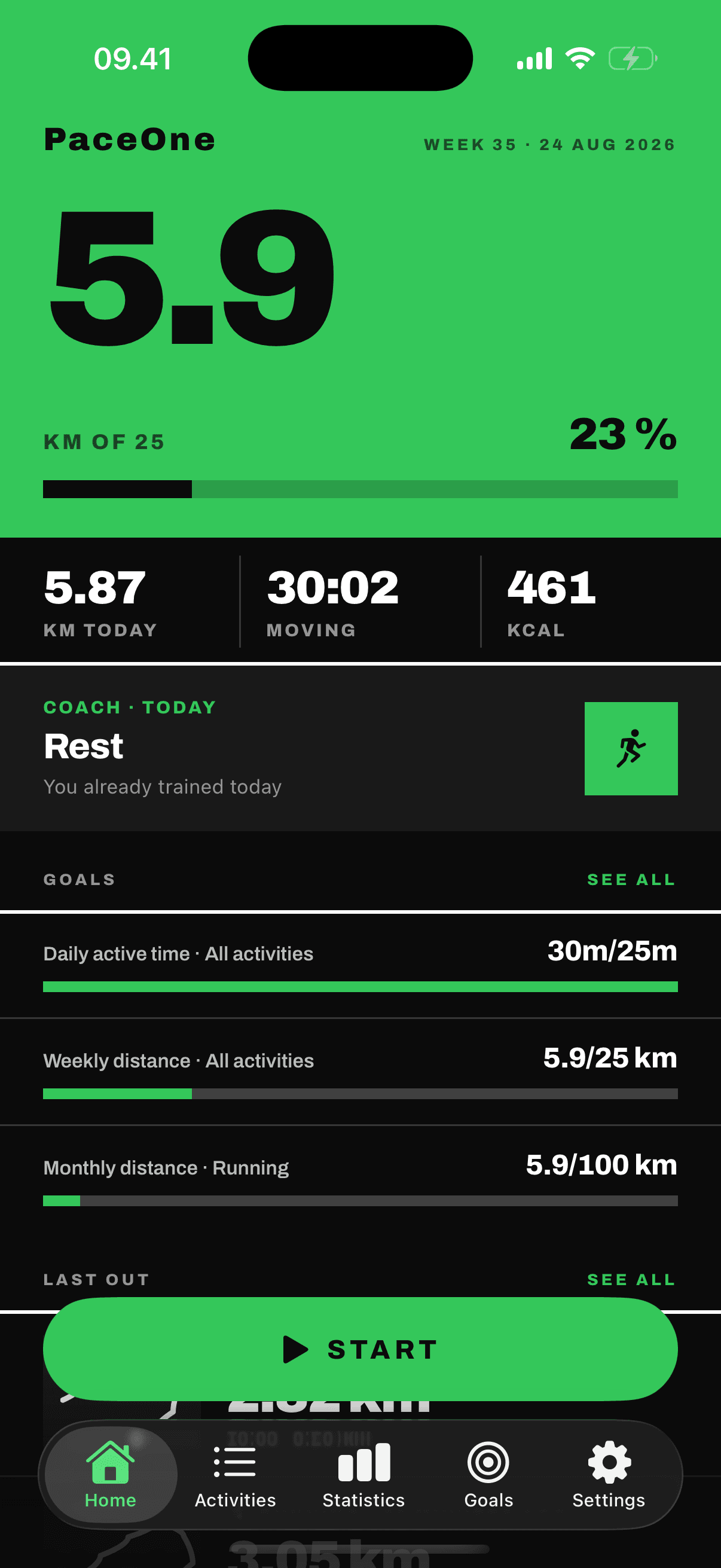 Home: the week's distance against the weekly goal in large type, today's distance, moving time and calories below it, the coach's suggestion for the day, and each goal as a bar