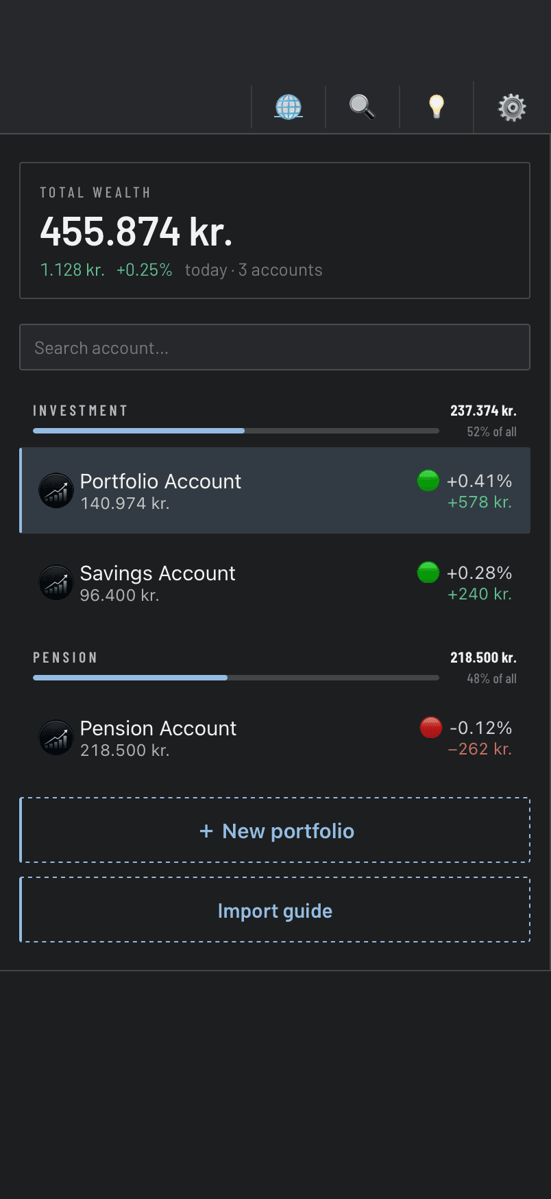 The same portfolios on iPhone: total wealth, and each account with its value and today's movement