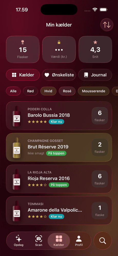Cellar list with bottle count, average score and filters by wine type