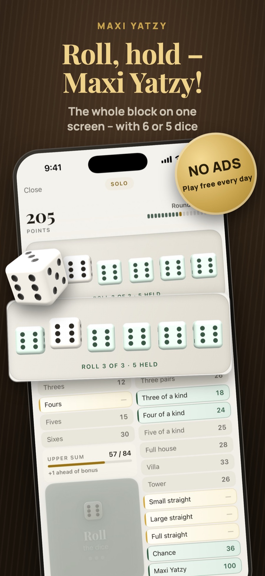 Yatzy Challenge: Roll, hold – Maxi Yatzy! The whole block on one screen – with 6 or 5 dice